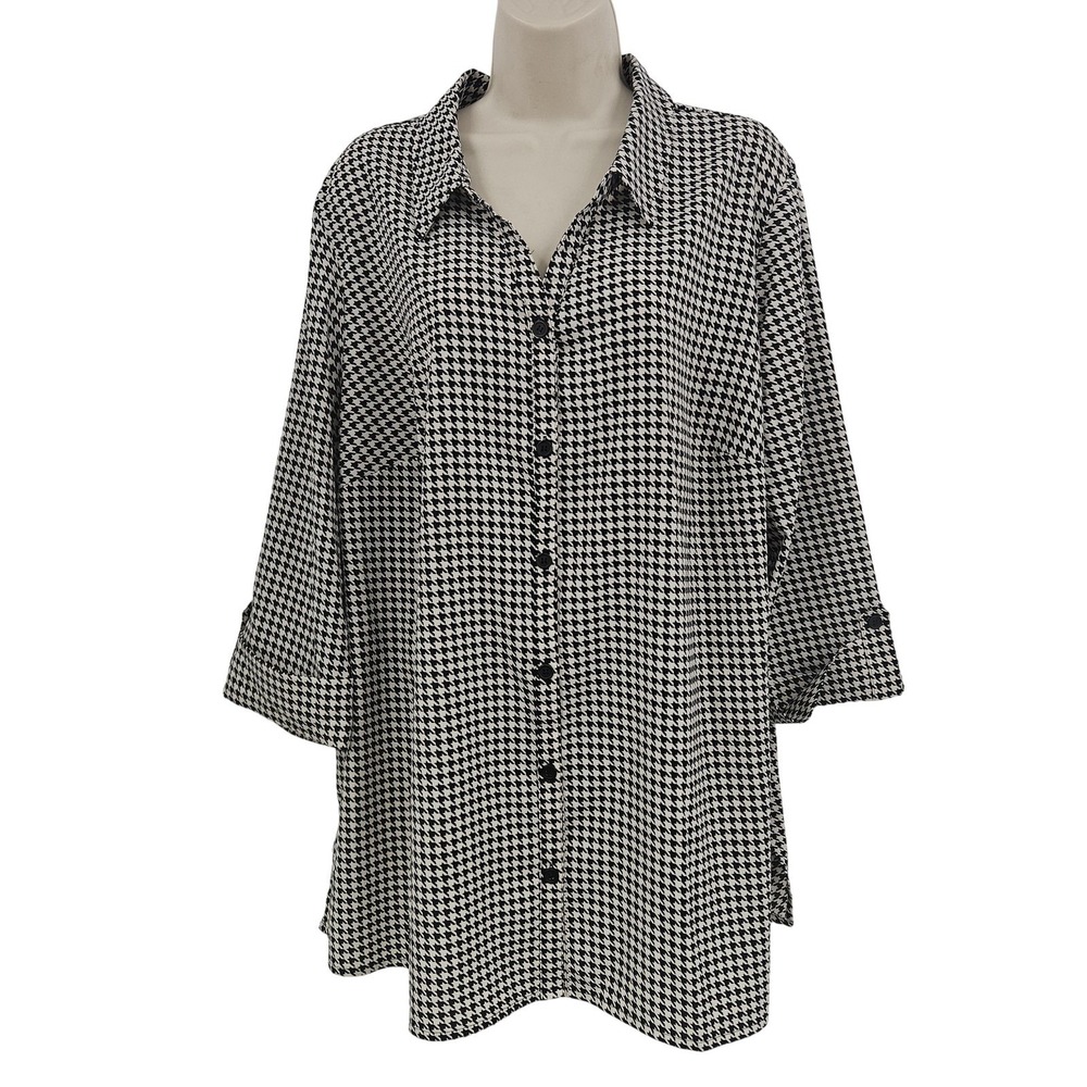 Catherines Shirt Womens 1X 18/20W‎ Black White Houndstooth Button Front Tunic